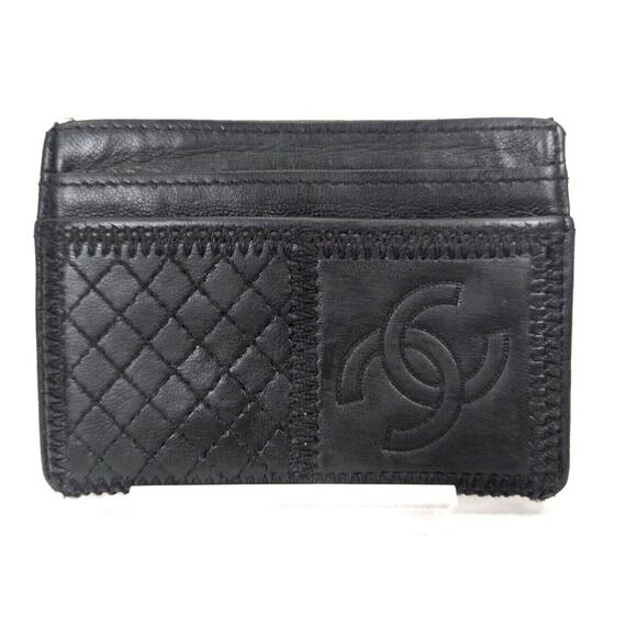 Auth Black CHANEL Card Case CC Mark Quilting Patchwork Black Leather - Picture 1 of 9